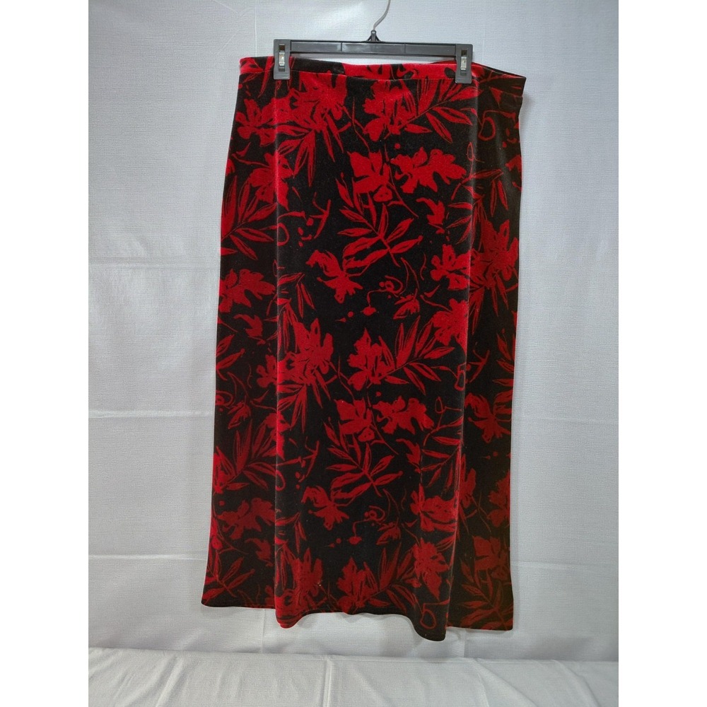 Vtg Kathie Lee Floral Velvet Skirt LG Black & Red Whimsigoth A-Line Long Stretch
